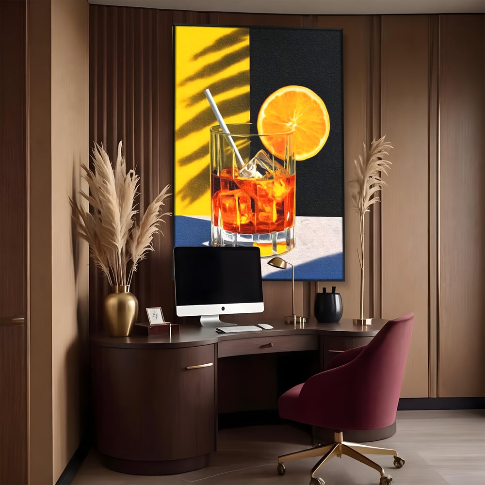 Tablou Canvas Premium, LuxCanva® N1075, Cocktailul Soarelui, Portocala, Felie, Pahar, Cocktail, Bautura, Gheata, Racoritor, Vara, Vacanta, Pub, Bar, Lounge, Restaurant, Bucatarie