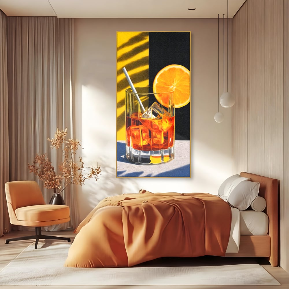 Tablou Canvas Premium, LuxCanva® N1075, Cocktailul Soarelui, Portocala, Felie, Pahar, Cocktail, Bautura, Gheata, Racoritor, Vara, Vacanta, Pub, Bar, Lounge, Restaurant, Bucatarie