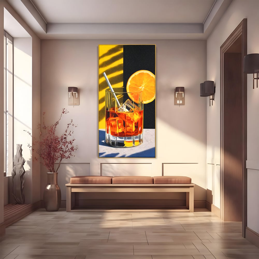 Tablou Canvas Premium, LuxCanva® N1075, Cocktailul Soarelui, Portocala, Felie, Pahar, Cocktail, Bautura, Gheata, Racoritor, Vara, Vacanta, Pub, Bar, Lounge, Restaurant, Bucatarie