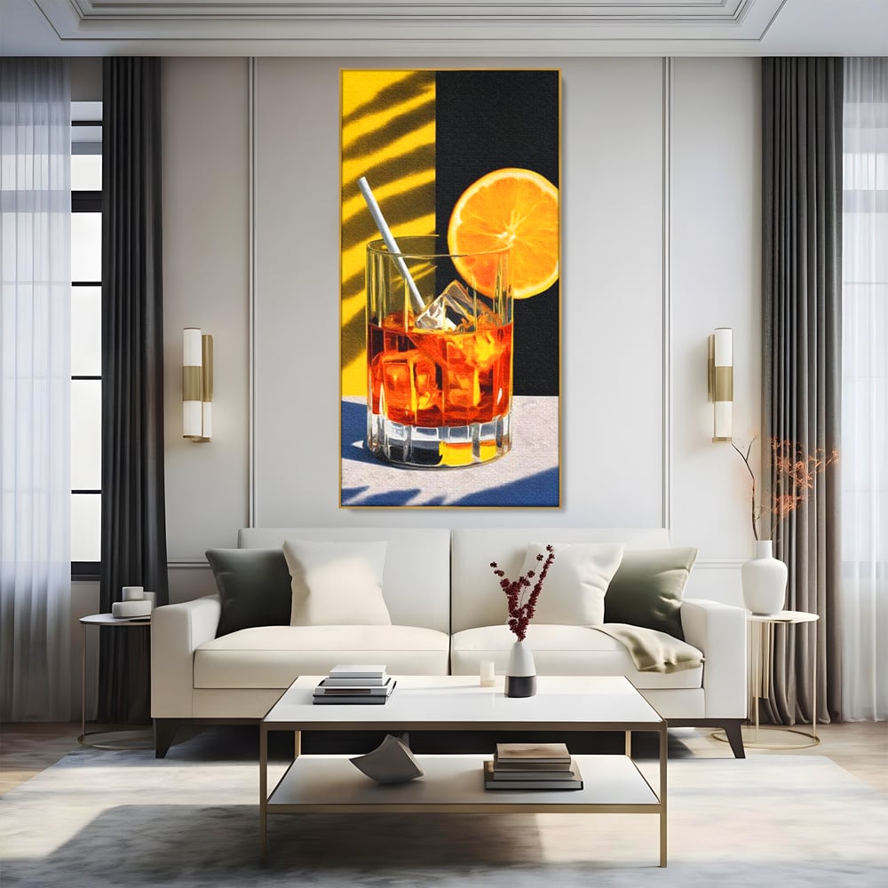 Tablou Canvas Premium, LuxCanva® N1075, Cocktailul Soarelui, Portocala, Felie, Pahar, Cocktail, Bautura, Gheata, Racoritor, Vara, Vacanta, Pub, Bar, Lounge, Restaurant, Bucatarie