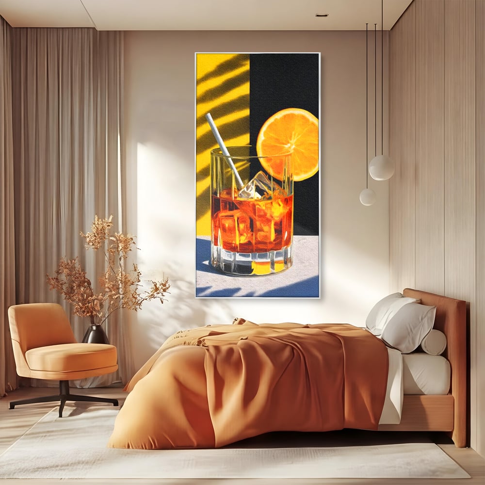 Tablou Canvas Premium, LuxCanva® N1075, Cocktailul Soarelui, Portocala, Felie, Pahar, Cocktail, Bautura, Gheata, Racoritor, Vara, Vacanta, Pub, Bar, Lounge, Restaurant, Bucatarie