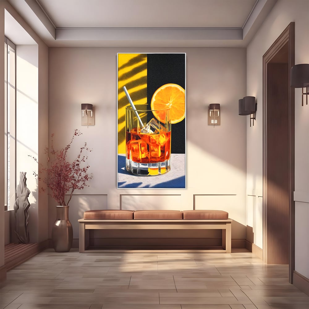 Tablou Canvas Premium, LuxCanva® N1075, Cocktailul Soarelui, Portocala, Felie, Pahar, Cocktail, Bautura, Gheata, Racoritor, Vara, Vacanta, Pub, Bar, Lounge, Restaurant, Bucatarie