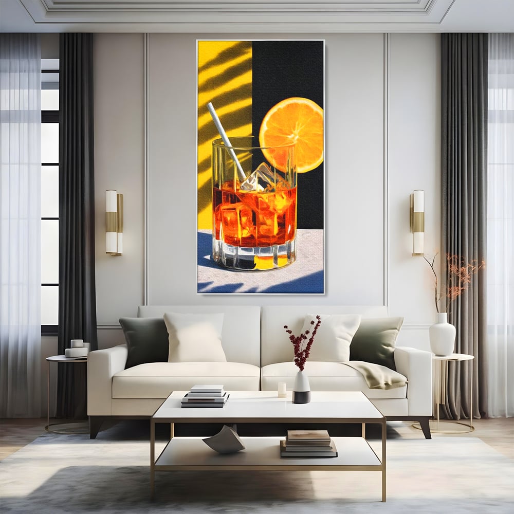 Tablou Canvas Premium, LuxCanva® N1075, Cocktailul Soarelui, Portocala, Felie, Pahar, Cocktail, Bautura, Gheata, Racoritor, Vara, Vacanta, Pub, Bar, Lounge, Restaurant, Bucatarie