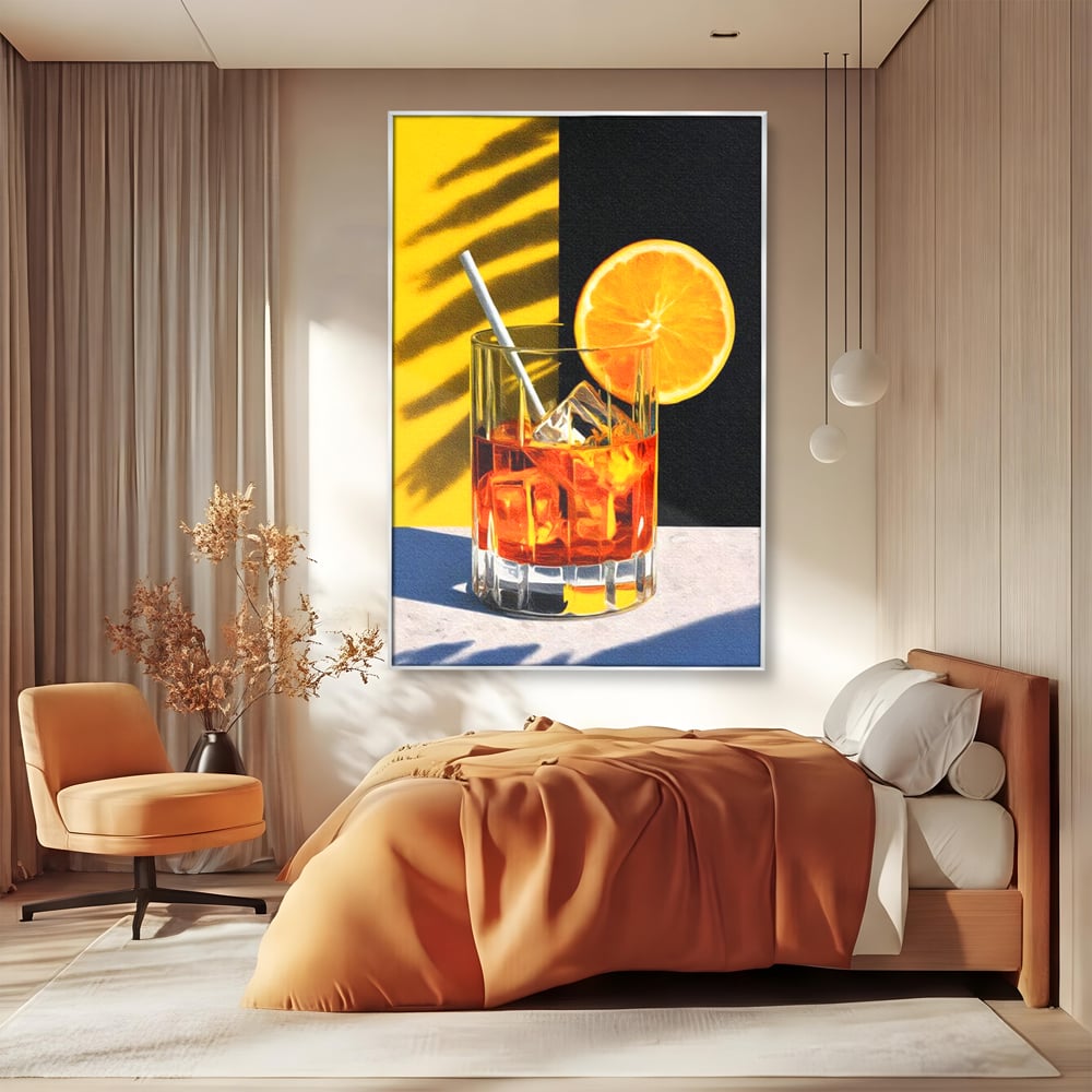 Tablou Canvas Premium, LuxCanva® N1075, Cocktailul Soarelui, Portocala, Felie, Pahar, Cocktail, Bautura, Gheata, Racoritor, Vara, Vacanta, Pub, Bar, Lounge, Restaurant, Bucatarie