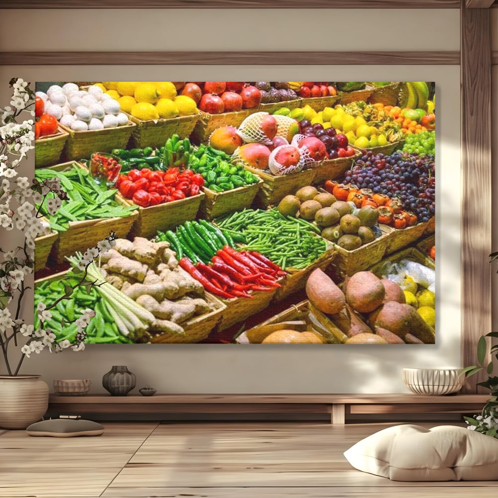 Leinwand Wandbilder Leinwand Premium, LuxCanva® N1076, Farbe Markt, Gemüse, Früchte, Ernte, Markt, Markt, Frische, Natürlich, Bio, Aromen, Überfluss, Restaurant, Küche