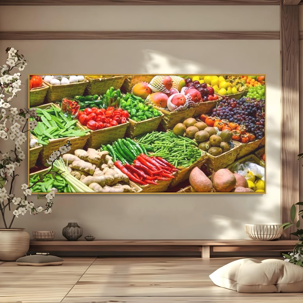 Leinwand Wandbilder Leinwand Premium, LuxCanva® N1076, Farbe Markt, Gemüse, Früchte, Ernte, Markt, Markt, Frische, Natürlich, Bio, Aromen, Überfluss, Restaurant, Küche