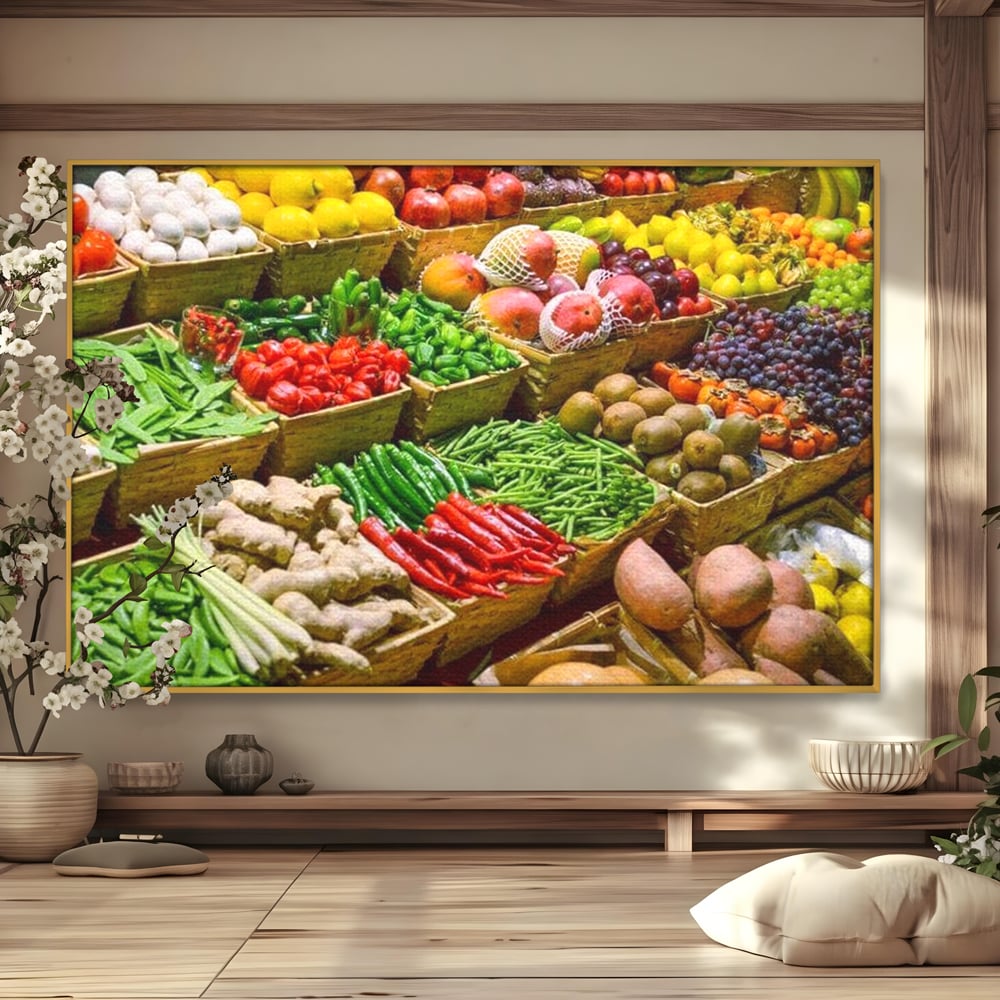 Leinwand Wandbilder Leinwand Premium, LuxCanva® N1076, Farbe Markt, Gemüse, Früchte, Ernte, Markt, Markt, Frische, Natürlich, Bio, Aromen, Überfluss, Restaurant, Küche