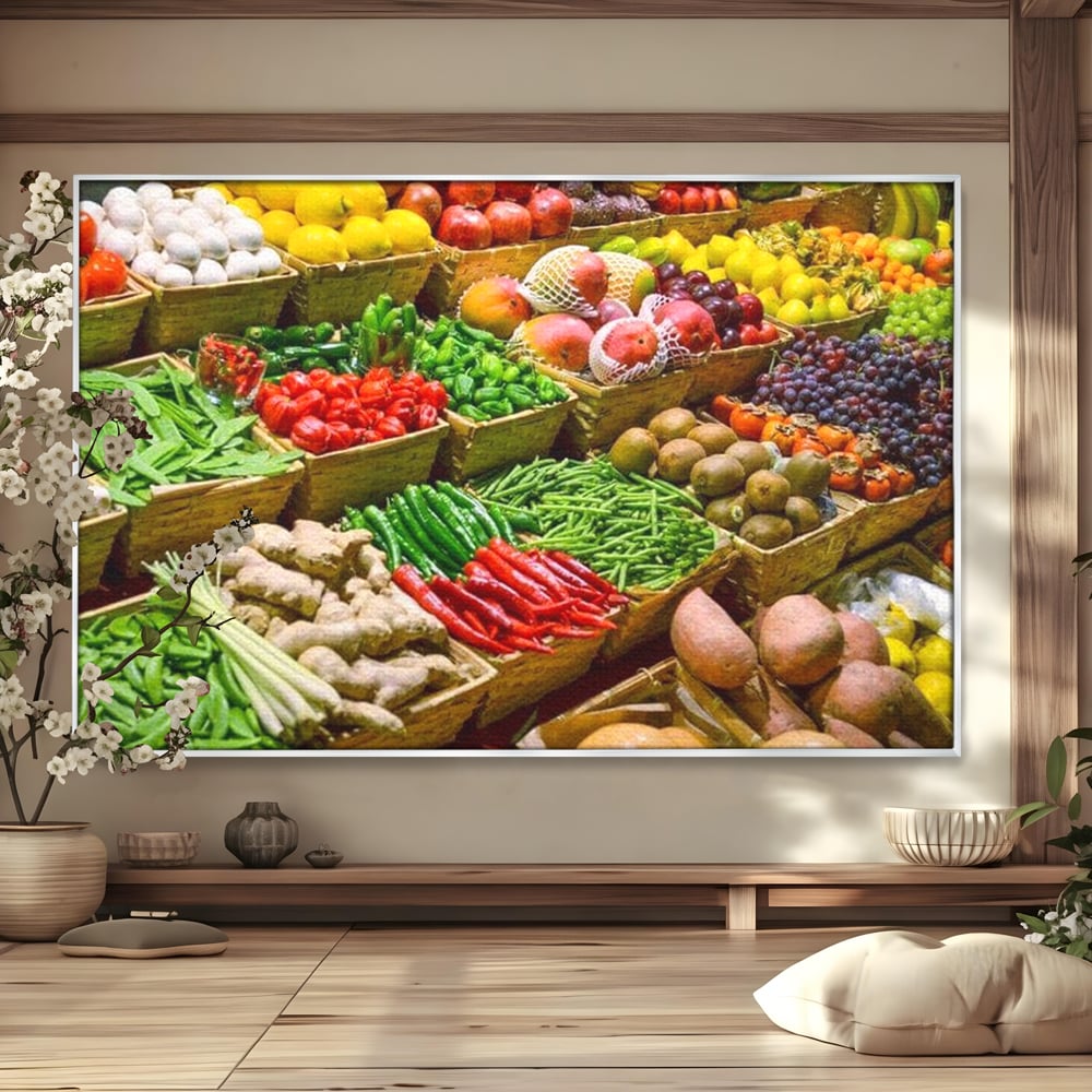 Leinwand Wandbilder Leinwand Premium, LuxCanva® N1076, Farbe Markt, Gemüse, Früchte, Ernte, Markt, Markt, Frische, Natürlich, Bio, Aromen, Überfluss, Restaurant, Küche