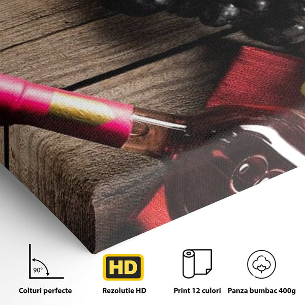 Leinwand Premium Canvas Wandkunst, LuxCanva® N1077, Verkostung, Rotwein, Flasche, Glas, Getränk, Trauben, Moment, Tradition, rustikal, Holz, Kneipe, Bar, Lounge, Restaurant, Küche