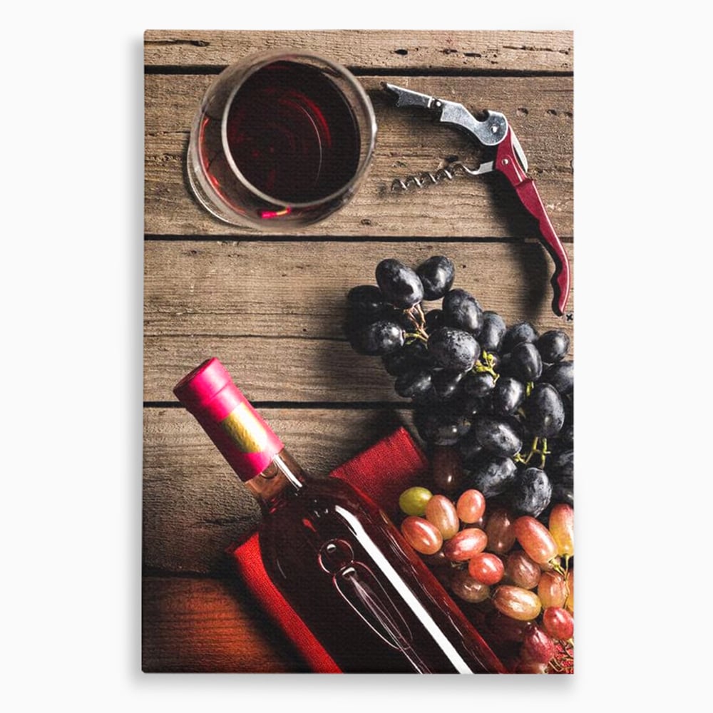 Leinwand Premium Canvas Wandkunst, LuxCanva® N1077, Verkostung, Rotwein, Flasche, Glas, Getränk, Trauben, Moment, Tradition, rustikal, Holz, Kneipe, Bar, Lounge, Restaurant, Küche