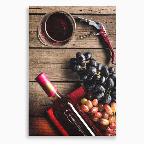 Leinwand Premium Canvas Wandkunst, LuxCanva® N1077, Verkostung, Rotwein, Flasche, Glas, Getränk, Trauben, Moment, Tradition, rustikal, Holz, Kneipe, Bar, Lounge, Restaurant, Küche