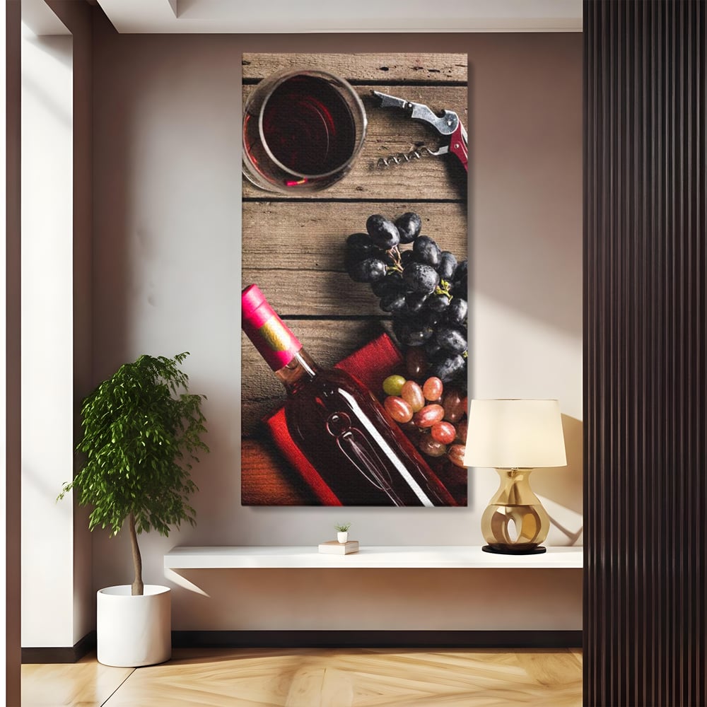 Leinwand Premium Canvas Wandkunst, LuxCanva® N1077, Verkostung, Rotwein, Flasche, Glas, Getränk, Trauben, Moment, Tradition, rustikal, Holz, Kneipe, Bar, Lounge, Restaurant, Küche