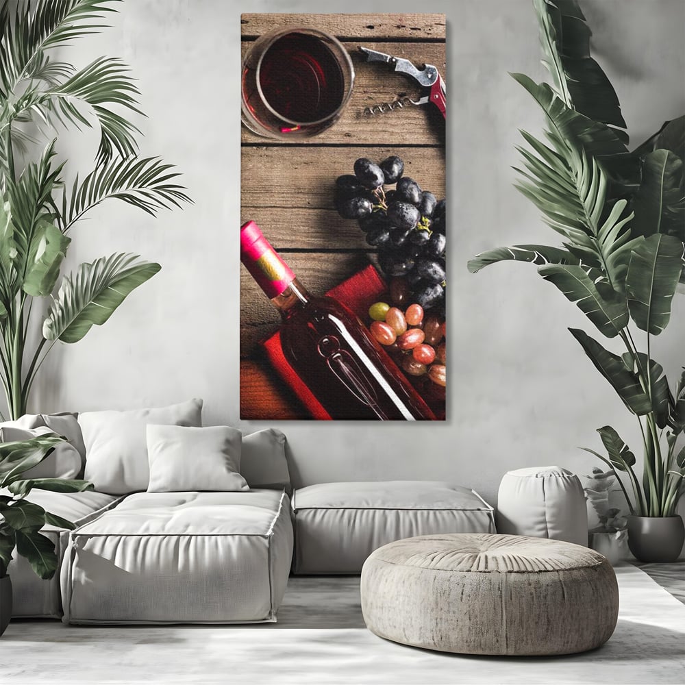 Leinwand Premium Canvas Wandkunst, LuxCanva® N1077, Verkostung, Rotwein, Flasche, Glas, Getränk, Trauben, Moment, Tradition, rustikal, Holz, Kneipe, Bar, Lounge, Restaurant, Küche