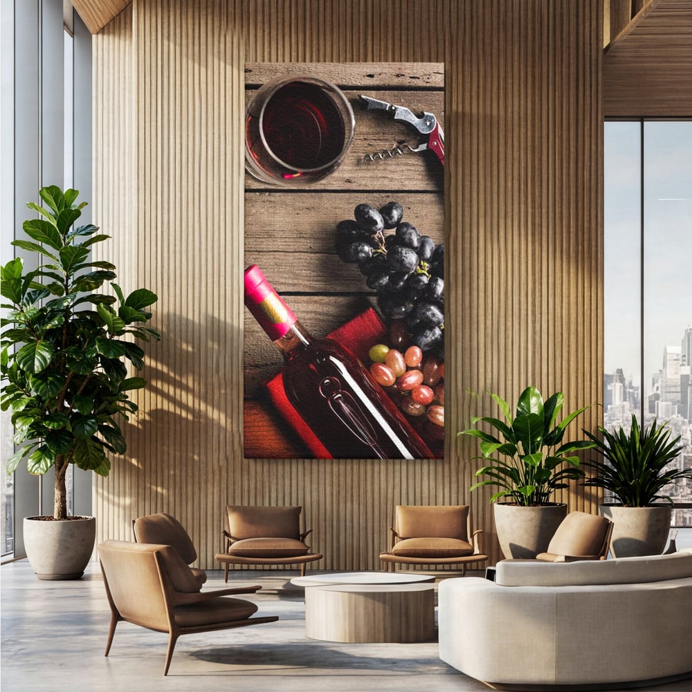Leinwand Premium Canvas Wandkunst, LuxCanva® N1077, Verkostung, Rotwein, Flasche, Glas, Getränk, Trauben, Moment, Tradition, rustikal, Holz, Kneipe, Bar, Lounge, Restaurant, Küche
