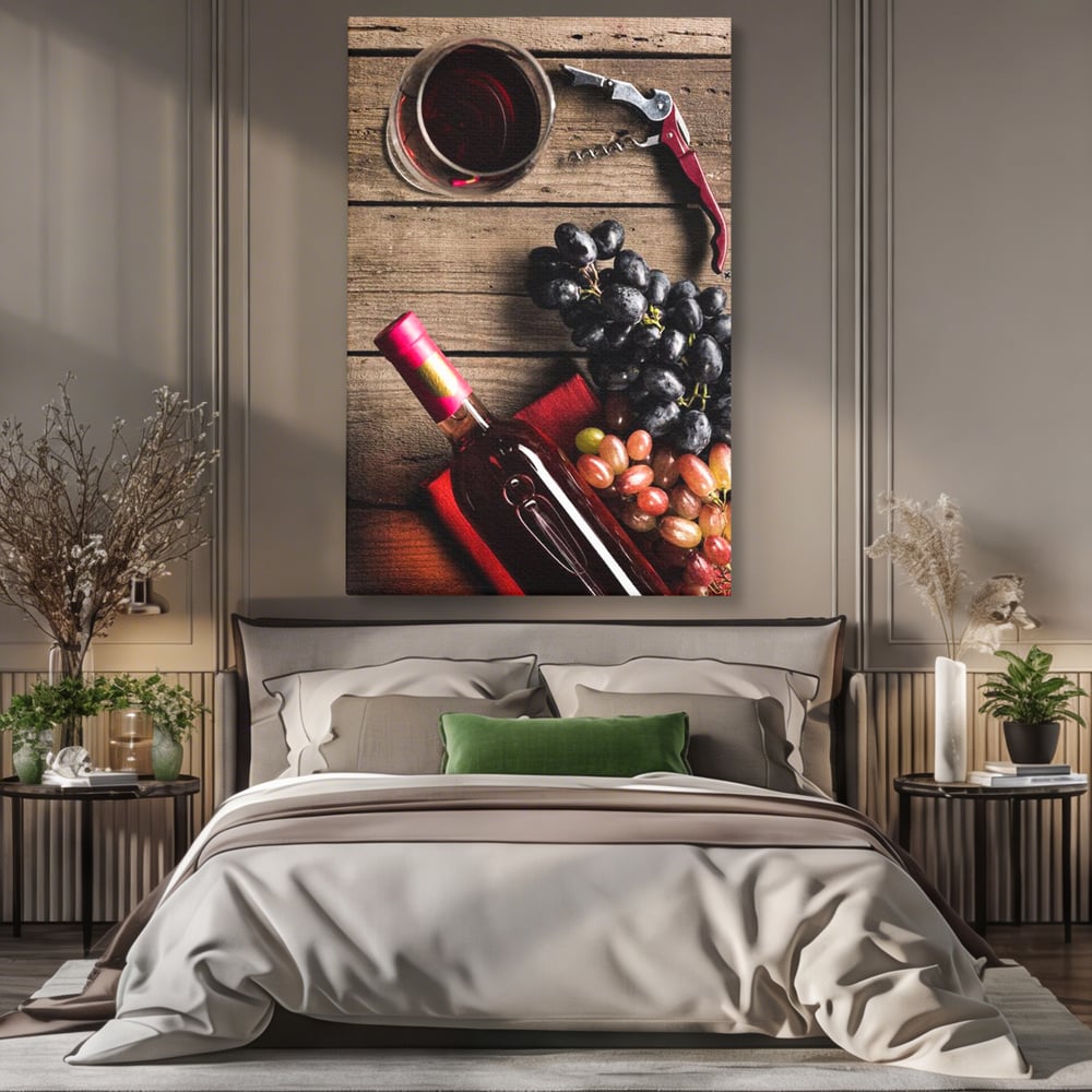 Leinwand Premium Canvas Wandkunst, LuxCanva® N1077, Verkostung, Rotwein, Flasche, Glas, Getränk, Trauben, Moment, Tradition, rustikal, Holz, Kneipe, Bar, Lounge, Restaurant, Küche
