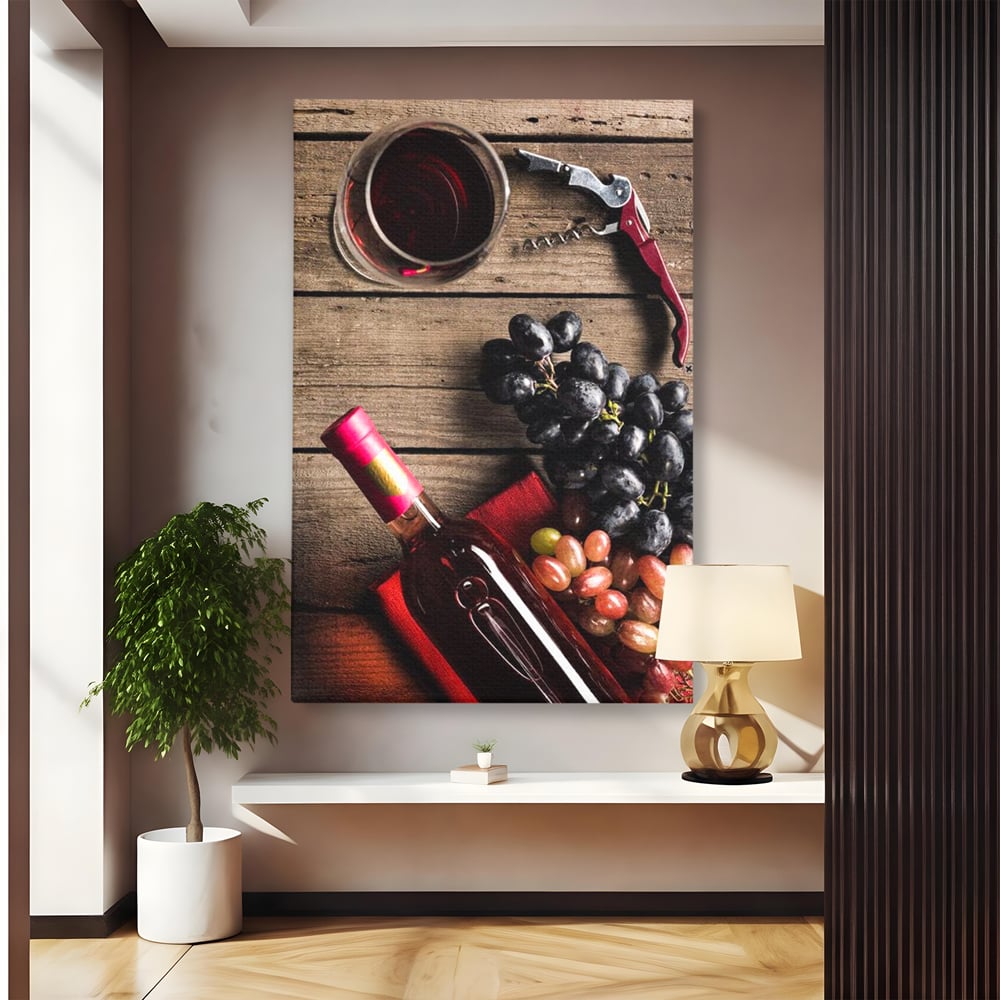 Leinwand Premium Canvas Wandkunst, LuxCanva® N1077, Verkostung, Rotwein, Flasche, Glas, Getränk, Trauben, Moment, Tradition, rustikal, Holz, Kneipe, Bar, Lounge, Restaurant, Küche