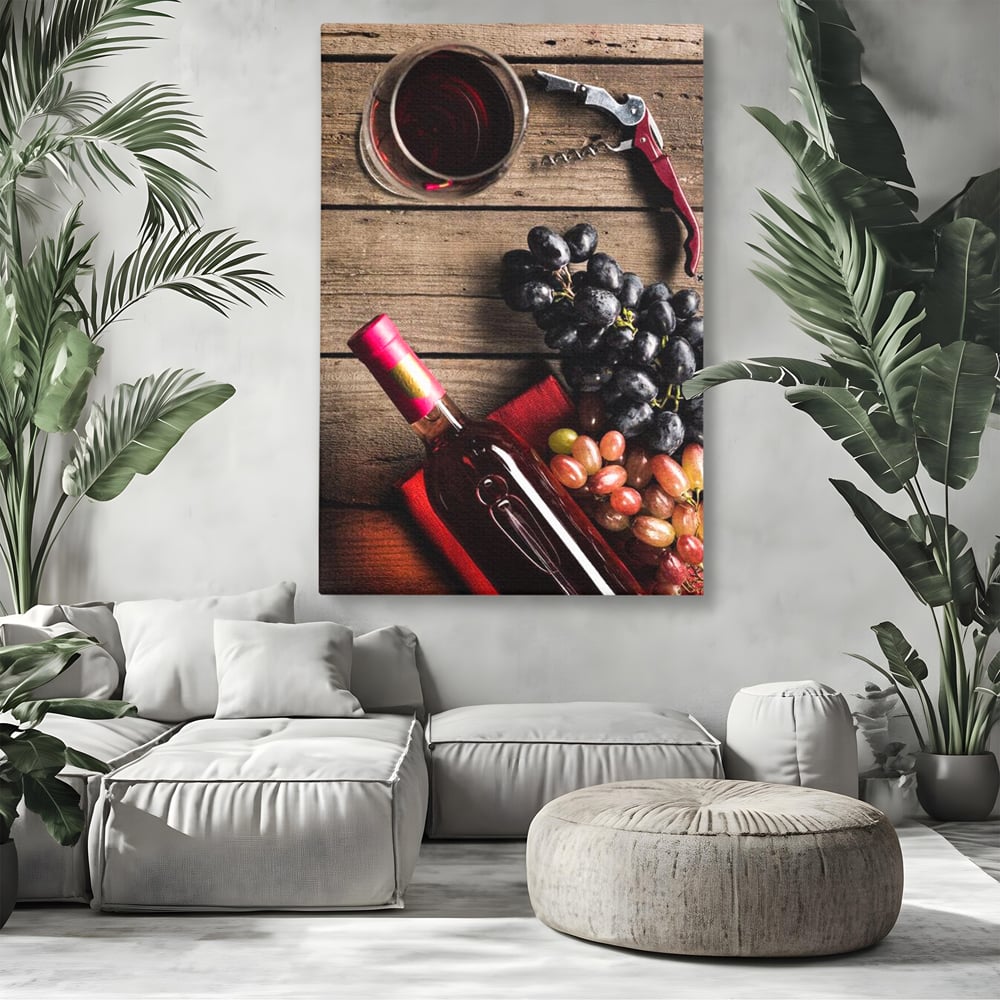 Leinwand Premium Canvas Wandkunst, LuxCanva® N1077, Verkostung, Rotwein, Flasche, Glas, Getränk, Trauben, Moment, Tradition, rustikal, Holz, Kneipe, Bar, Lounge, Restaurant, Küche