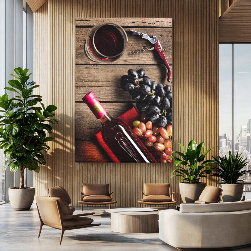 Leinwand Premium Canvas Wandkunst, LuxCanva® N1077, Verkostung, Rotwein, Flasche, Glas, Getränk, Trauben, Moment, Tradition, rustikal, Holz, Kneipe, Bar, Lounge, Restaurant, Küche