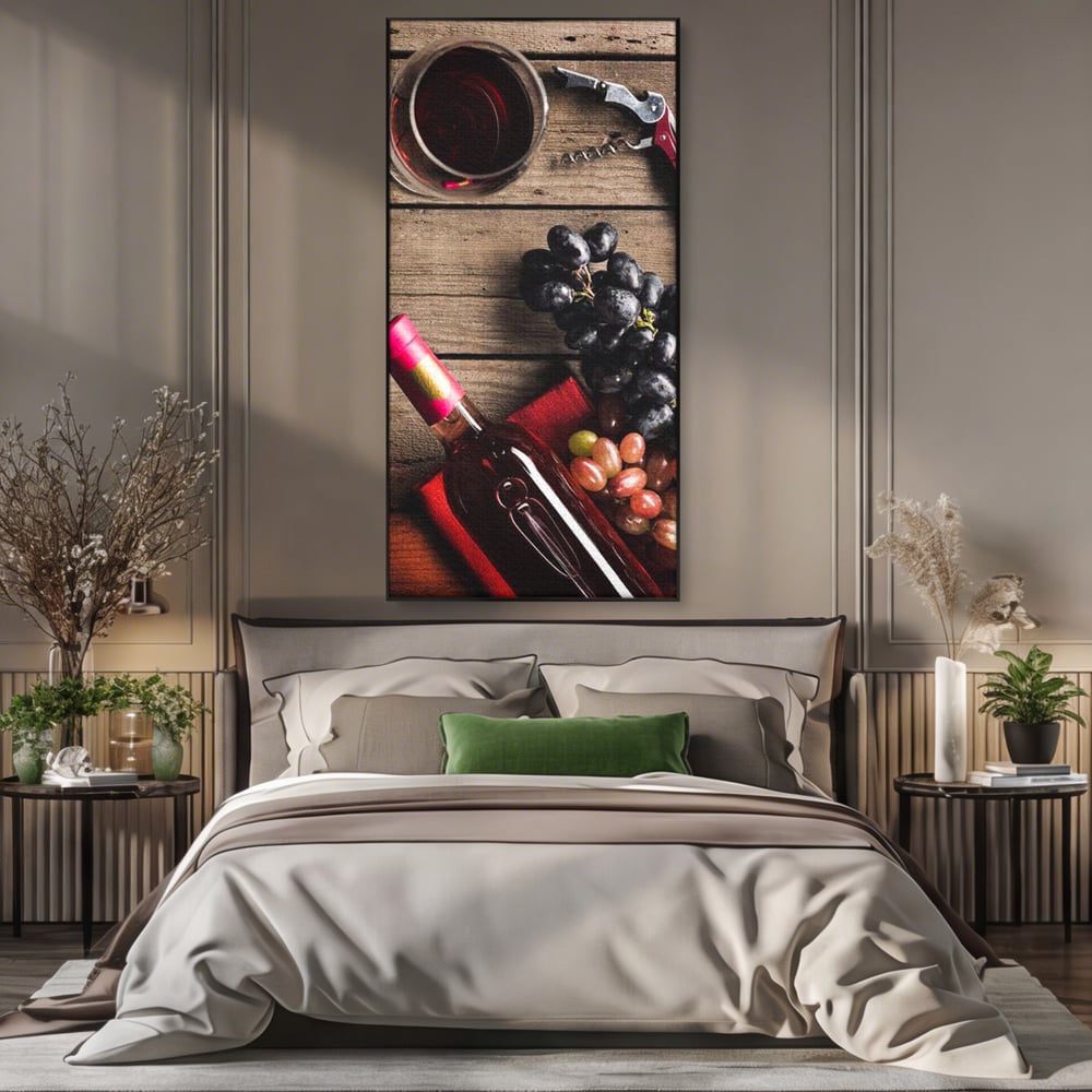 Leinwand Premium Canvas Wandkunst, LuxCanva® N1077, Verkostung, Rotwein, Flasche, Glas, Getränk, Trauben, Moment, Tradition, rustikal, Holz, Kneipe, Bar, Lounge, Restaurant, Küche