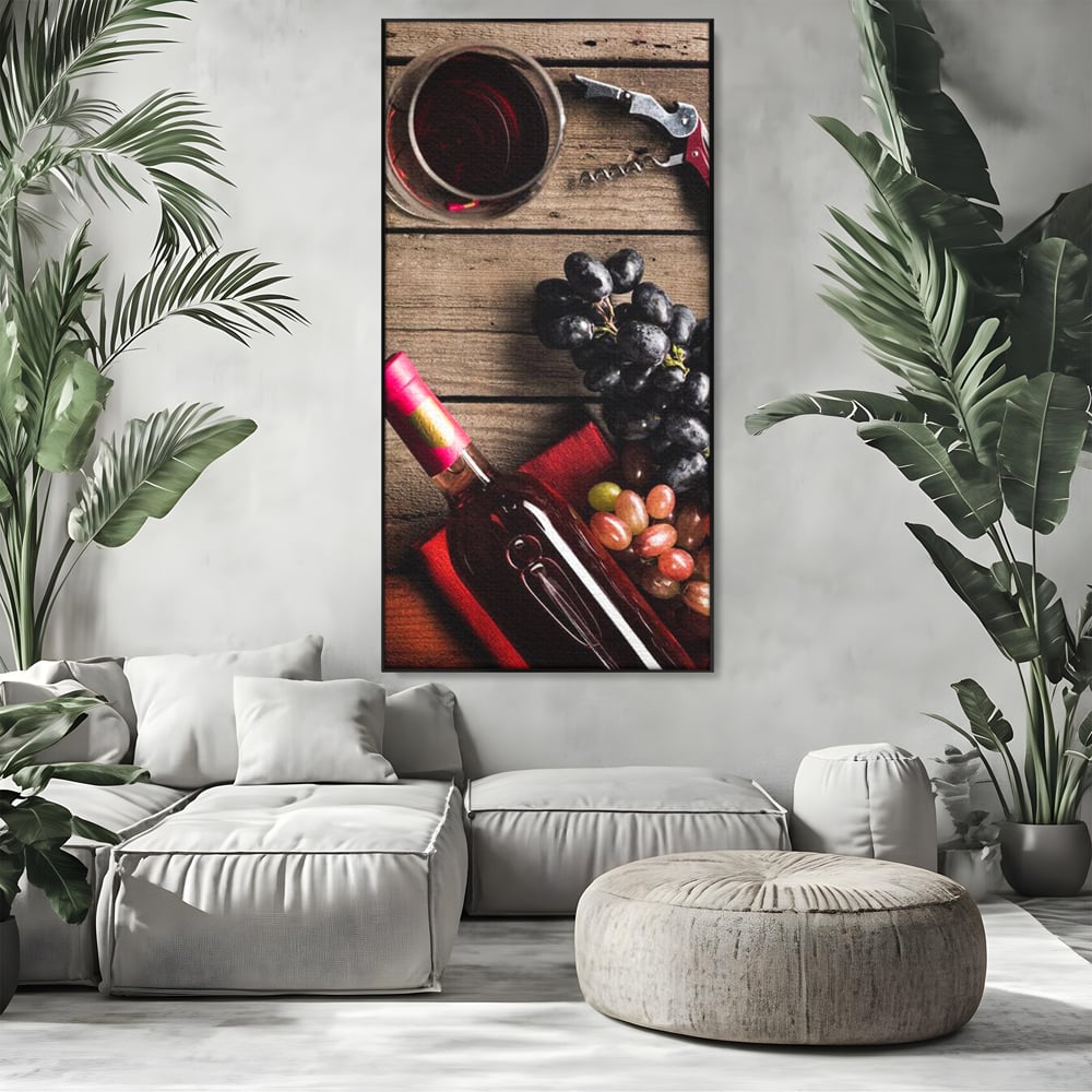 Leinwand Premium Canvas Wandkunst, LuxCanva® N1077, Verkostung, Rotwein, Flasche, Glas, Getränk, Trauben, Moment, Tradition, rustikal, Holz, Kneipe, Bar, Lounge, Restaurant, Küche