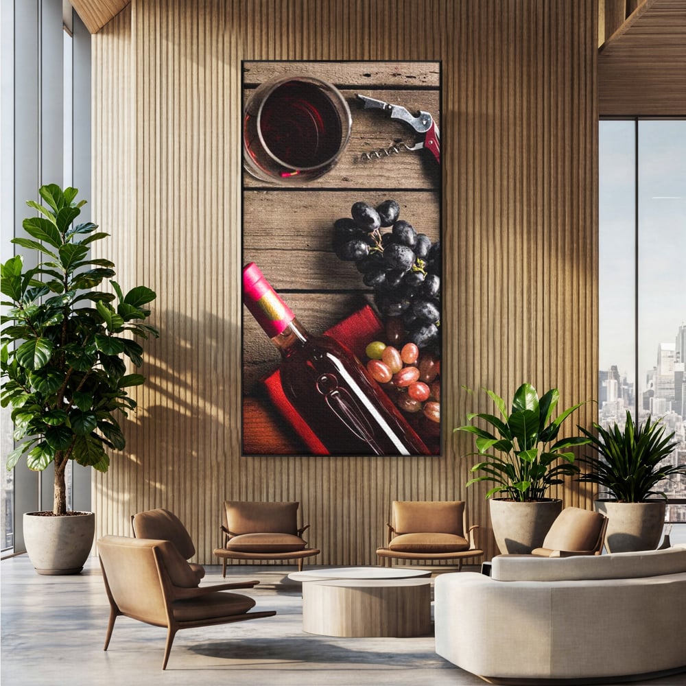 Leinwand Premium Canvas Wandkunst, LuxCanva® N1077, Verkostung, Rotwein, Flasche, Glas, Getränk, Trauben, Moment, Tradition, rustikal, Holz, Kneipe, Bar, Lounge, Restaurant, Küche