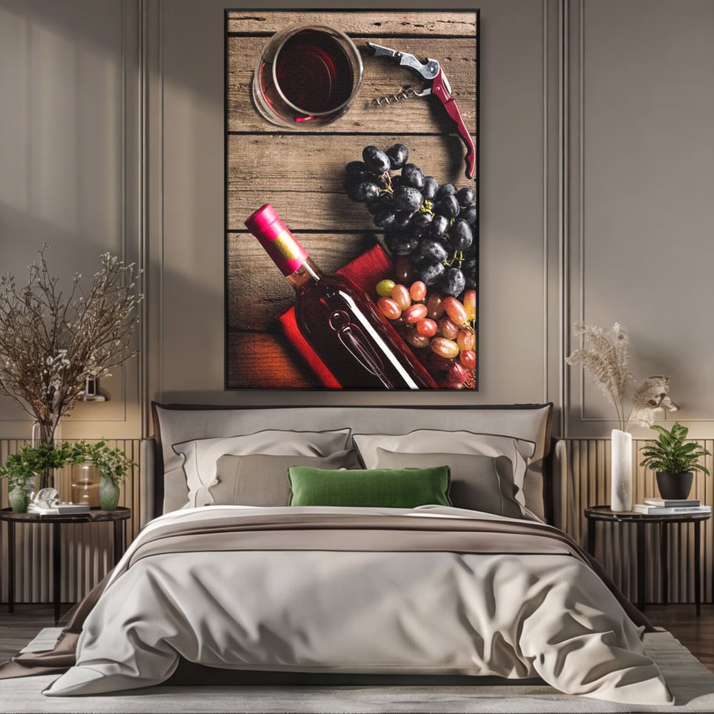 Leinwand Premium Canvas Wandkunst, LuxCanva® N1077, Verkostung, Rotwein, Flasche, Glas, Getränk, Trauben, Moment, Tradition, rustikal, Holz, Kneipe, Bar, Lounge, Restaurant, Küche