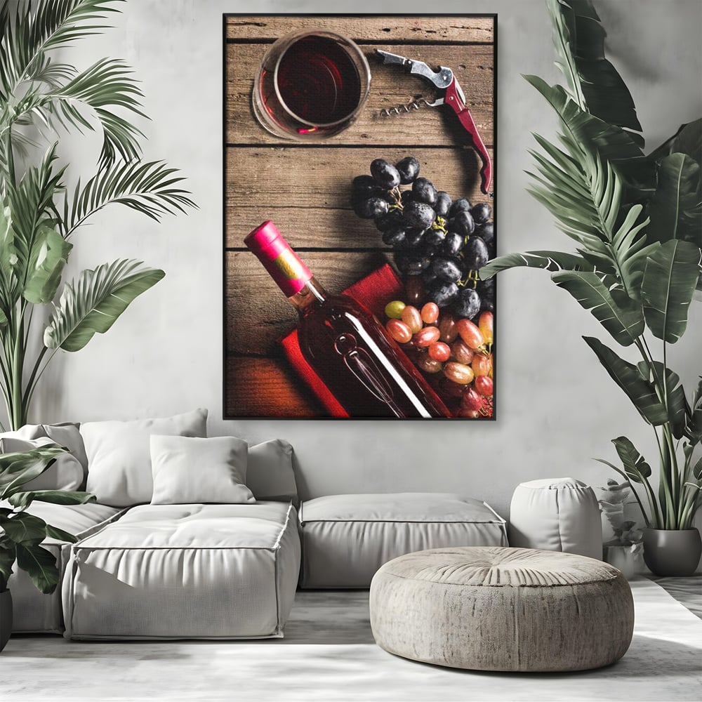 Leinwand Premium Canvas Wandkunst, LuxCanva® N1077, Verkostung, Rotwein, Flasche, Glas, Getränk, Trauben, Moment, Tradition, rustikal, Holz, Kneipe, Bar, Lounge, Restaurant, Küche