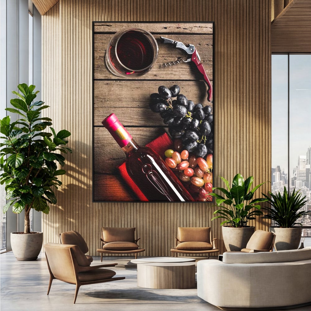 Leinwand Premium Canvas Wandkunst, LuxCanva® N1077, Verkostung, Rotwein, Flasche, Glas, Getränk, Trauben, Moment, Tradition, rustikal, Holz, Kneipe, Bar, Lounge, Restaurant, Küche