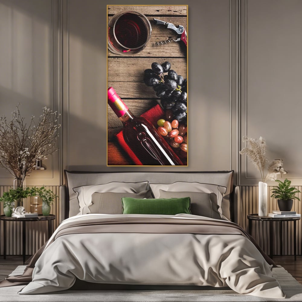 Leinwand Premium Canvas Wandkunst, LuxCanva® N1077, Verkostung, Rotwein, Flasche, Glas, Getränk, Trauben, Moment, Tradition, rustikal, Holz, Kneipe, Bar, Lounge, Restaurant, Küche