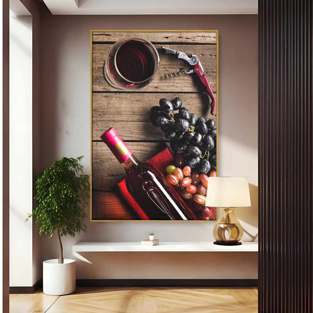 Leinwand Premium Canvas Wandkunst, LuxCanva® N1077, Verkostung, Rotwein, Flasche, Glas, Getränk, Trauben, Moment, Tradition, rustikal, Holz, Kneipe, Bar, Lounge, Restaurant, Küche