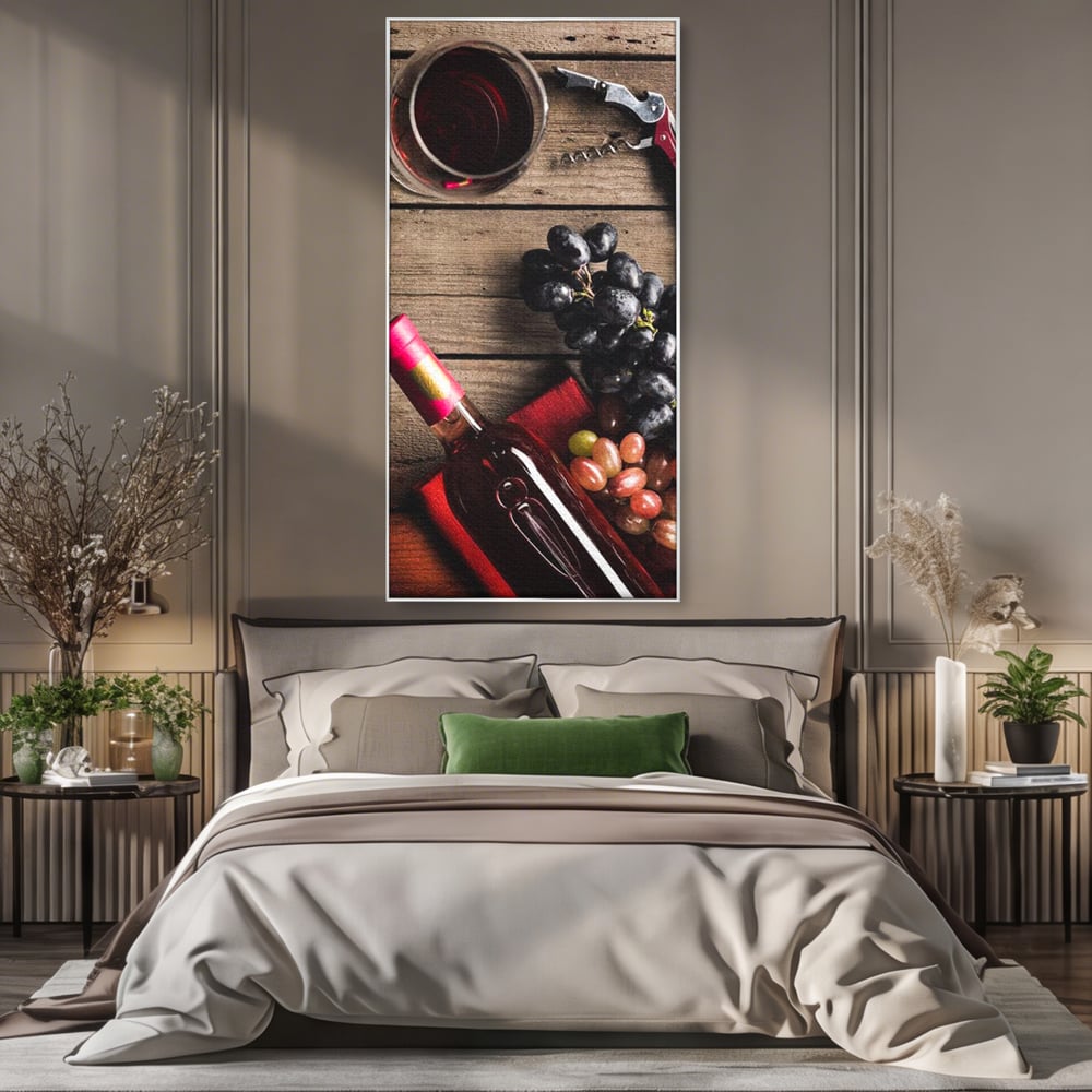 Leinwand Premium Canvas Wandkunst, LuxCanva® N1077, Verkostung, Rotwein, Flasche, Glas, Getränk, Trauben, Moment, Tradition, rustikal, Holz, Kneipe, Bar, Lounge, Restaurant, Küche