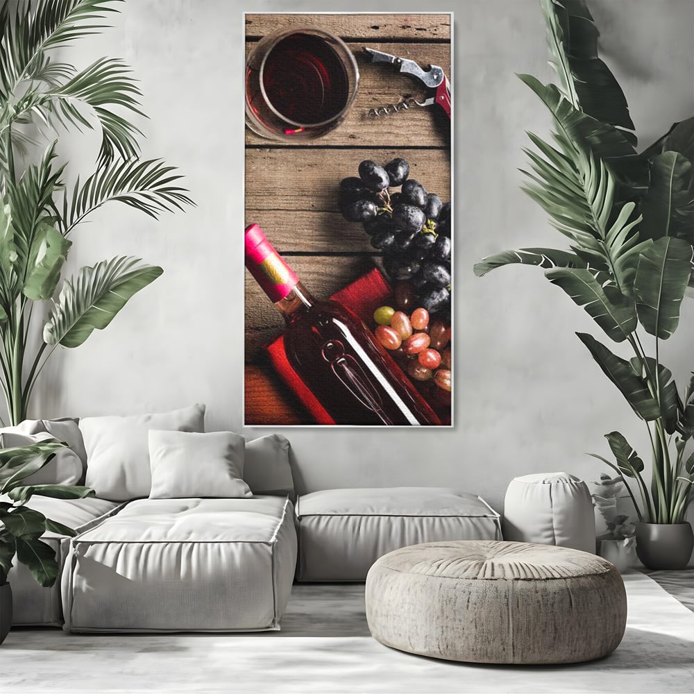 Leinwand Premium Canvas Wandkunst, LuxCanva® N1077, Verkostung, Rotwein, Flasche, Glas, Getränk, Trauben, Moment, Tradition, rustikal, Holz, Kneipe, Bar, Lounge, Restaurant, Küche