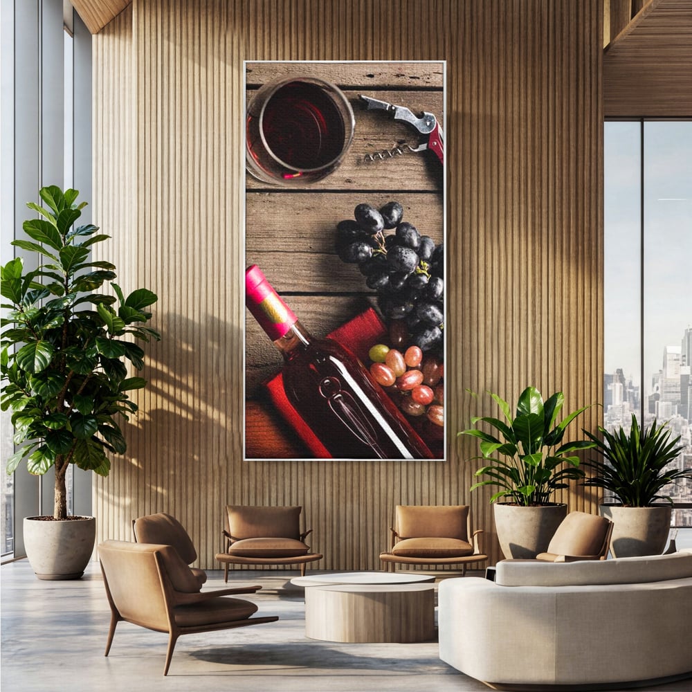 Leinwand Premium Canvas Wandkunst, LuxCanva® N1077, Verkostung, Rotwein, Flasche, Glas, Getränk, Trauben, Moment, Tradition, rustikal, Holz, Kneipe, Bar, Lounge, Restaurant, Küche