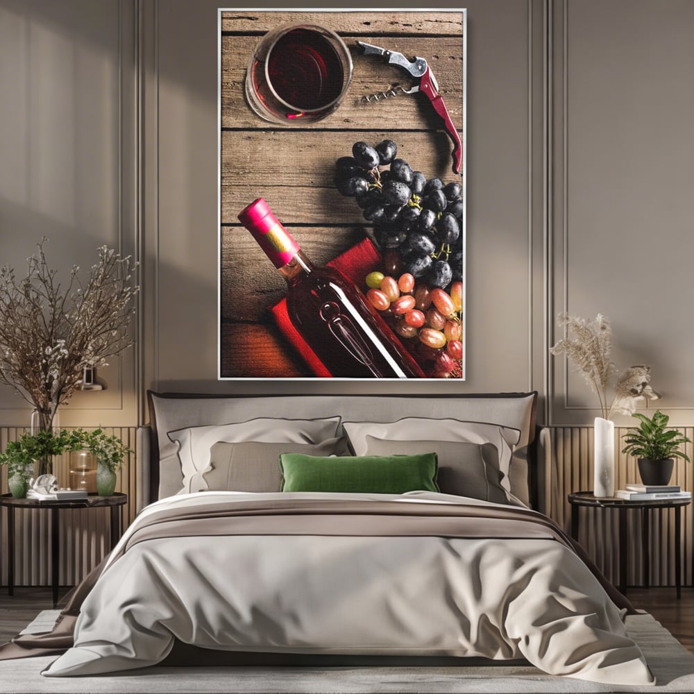 Leinwand Premium Canvas Wandkunst, LuxCanva® N1077, Verkostung, Rotwein, Flasche, Glas, Getränk, Trauben, Moment, Tradition, rustikal, Holz, Kneipe, Bar, Lounge, Restaurant, Küche