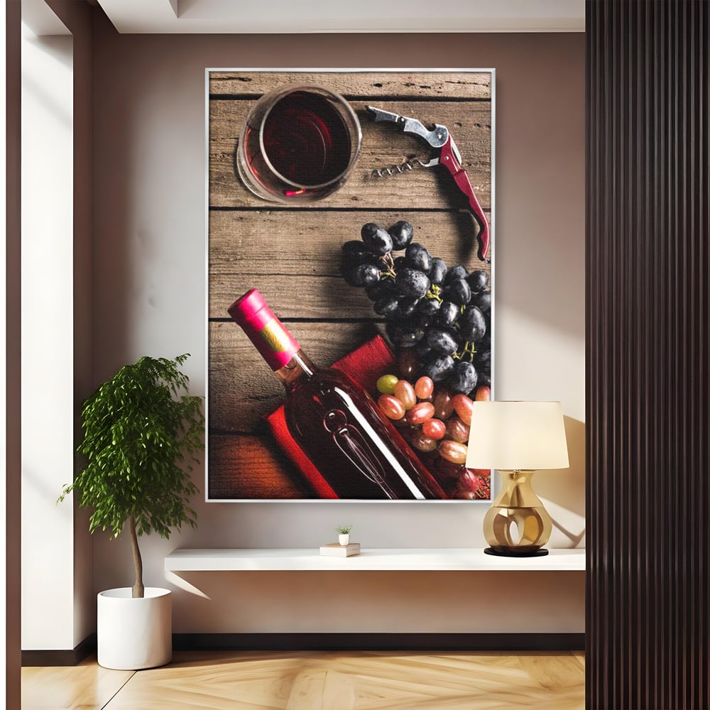 Leinwand Premium Canvas Wandkunst, LuxCanva® N1077, Verkostung, Rotwein, Flasche, Glas, Getränk, Trauben, Moment, Tradition, rustikal, Holz, Kneipe, Bar, Lounge, Restaurant, Küche