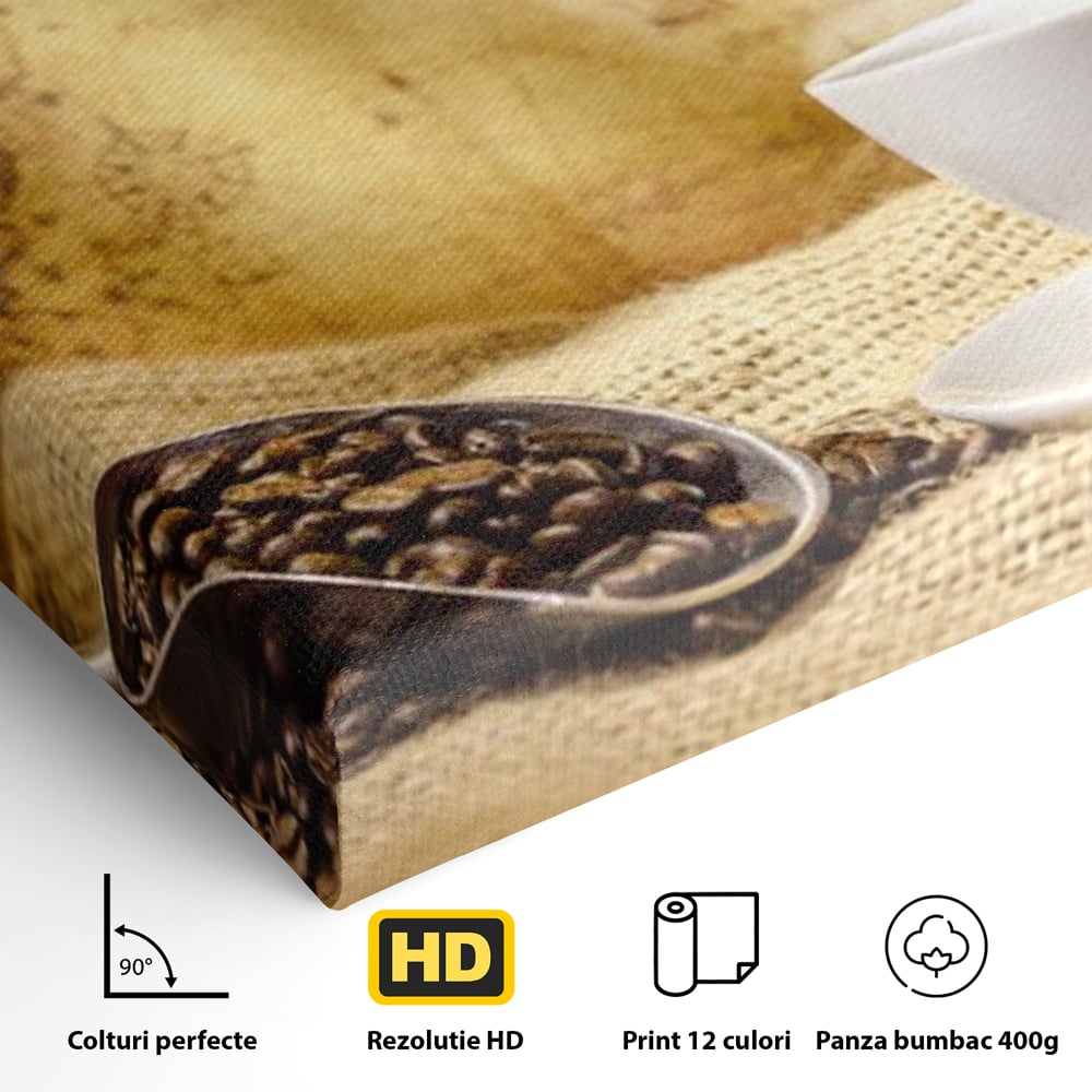 Tablou Canvas Premium, LuxCanva® N1079, Lumea Cafelei, Harta Lumii, Ceasca, Cafea, Espresso, Aburi, Fierbinte, Proaspat, Boabe, Vintage, Cafenea, Pub, Bar, Lounge, Restaurant, Bucatarie