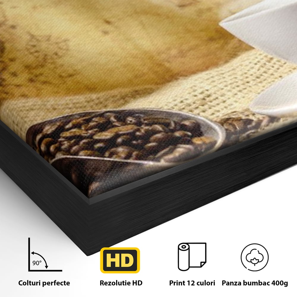 Tablou Canvas Premium, LuxCanva® N1079, Lumea Cafelei, Harta Lumii, Ceasca, Cafea, Espresso, Aburi, Fierbinte, Proaspat, Boabe, Vintage, Cafenea, Pub, Bar, Lounge, Restaurant, Bucatarie