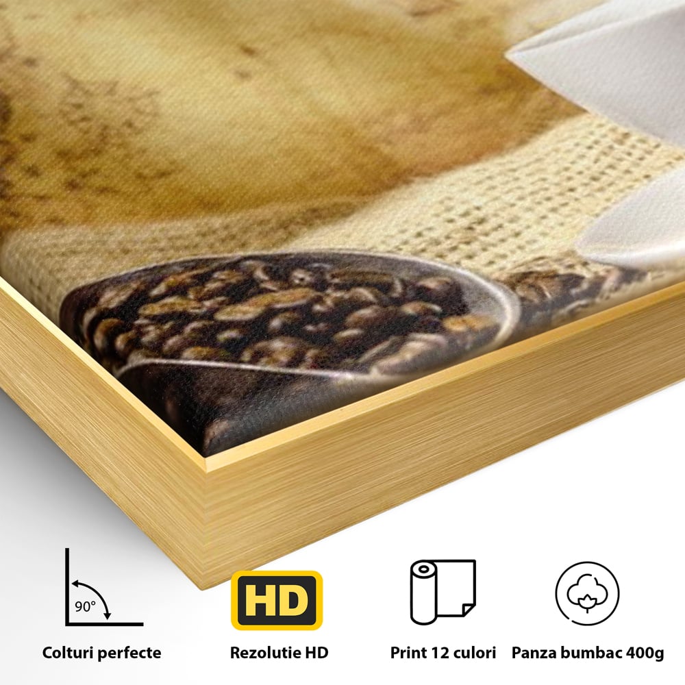 Tablou Canvas Premium, LuxCanva® N1079, Lumea Cafelei, Harta Lumii, Ceasca, Cafea, Espresso, Aburi, Fierbinte, Proaspat, Boabe, Vintage, Cafenea, Pub, Bar, Lounge, Restaurant, Bucatarie