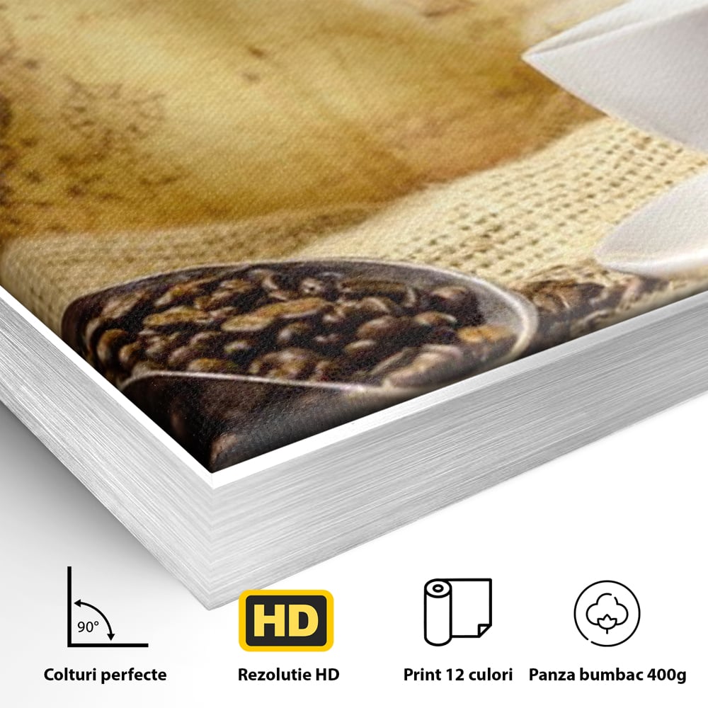 Tablou Canvas Premium, LuxCanva® N1079, Lumea Cafelei, Harta Lumii, Ceasca, Cafea, Espresso, Aburi, Fierbinte, Proaspat, Boabe, Vintage, Cafenea, Pub, Bar, Lounge, Restaurant, Bucatarie