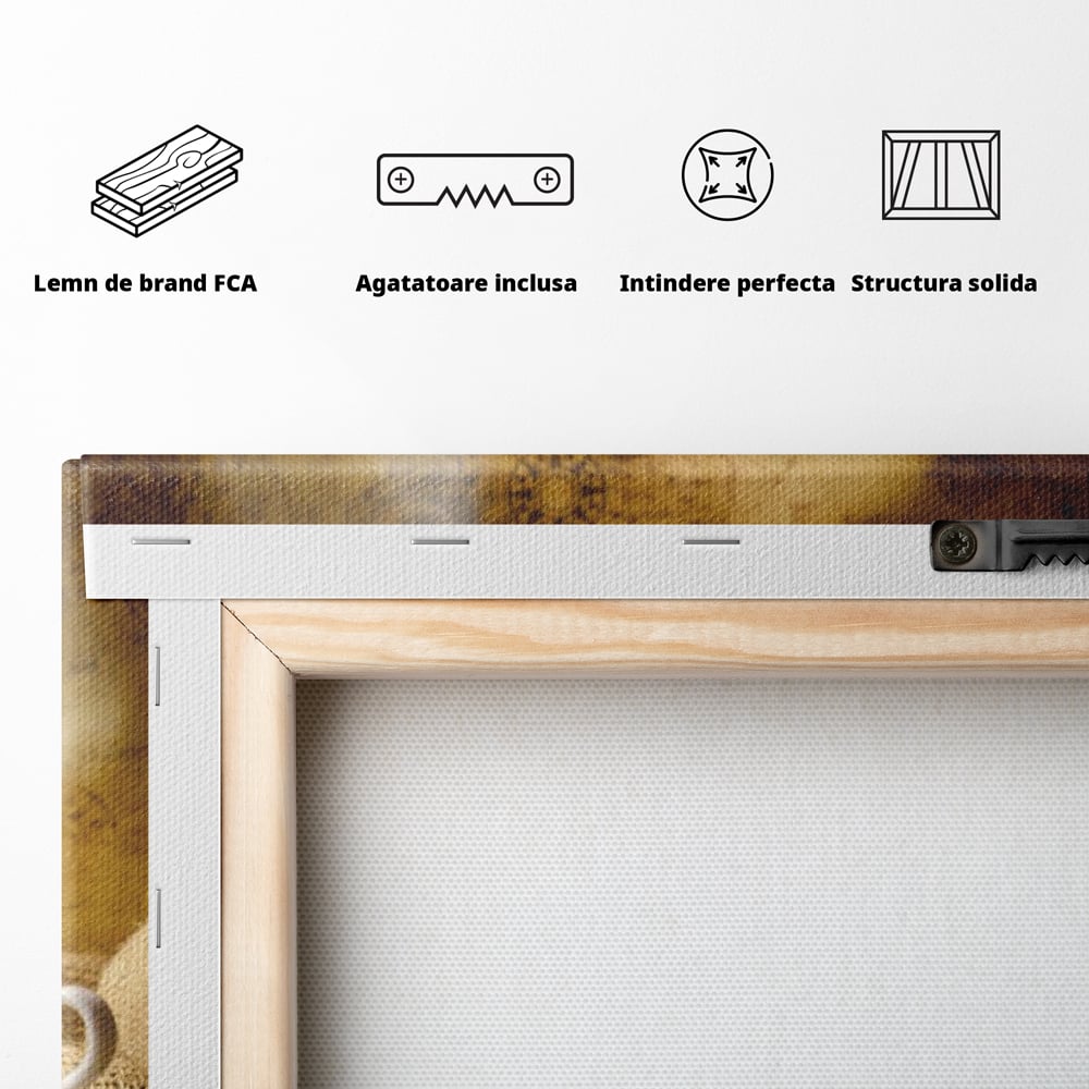 Tablou Canvas Premium, LuxCanva® N1079, Lumea Cafelei, Harta Lumii, Ceasca, Cafea, Espresso, Aburi, Fierbinte, Proaspat, Boabe, Vintage, Cafenea, Pub, Bar, Lounge, Restaurant, Bucatarie