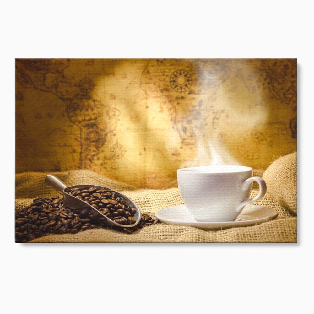 Tablou Canvas Premium, LuxCanva® N1079, Lumea Cafelei, Harta Lumii, Ceasca, Cafea, Espresso, Aburi, Fierbinte, Proaspat, Boabe, Vintage, Cafenea, Pub, Bar, Lounge, Restaurant, Bucatarie