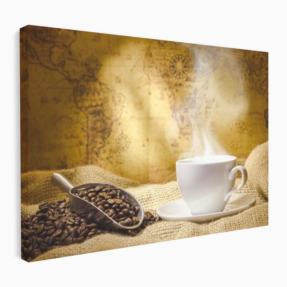 Tablou Canvas Premium, LuxCanva® N1079, Lumea Cafelei, Harta Lumii, Ceasca, Cafea, Espresso, Aburi, Fierbinte, Proaspat, Boabe, Vintage, Cafenea, Pub, Bar, Lounge, Restaurant, Bucatarie