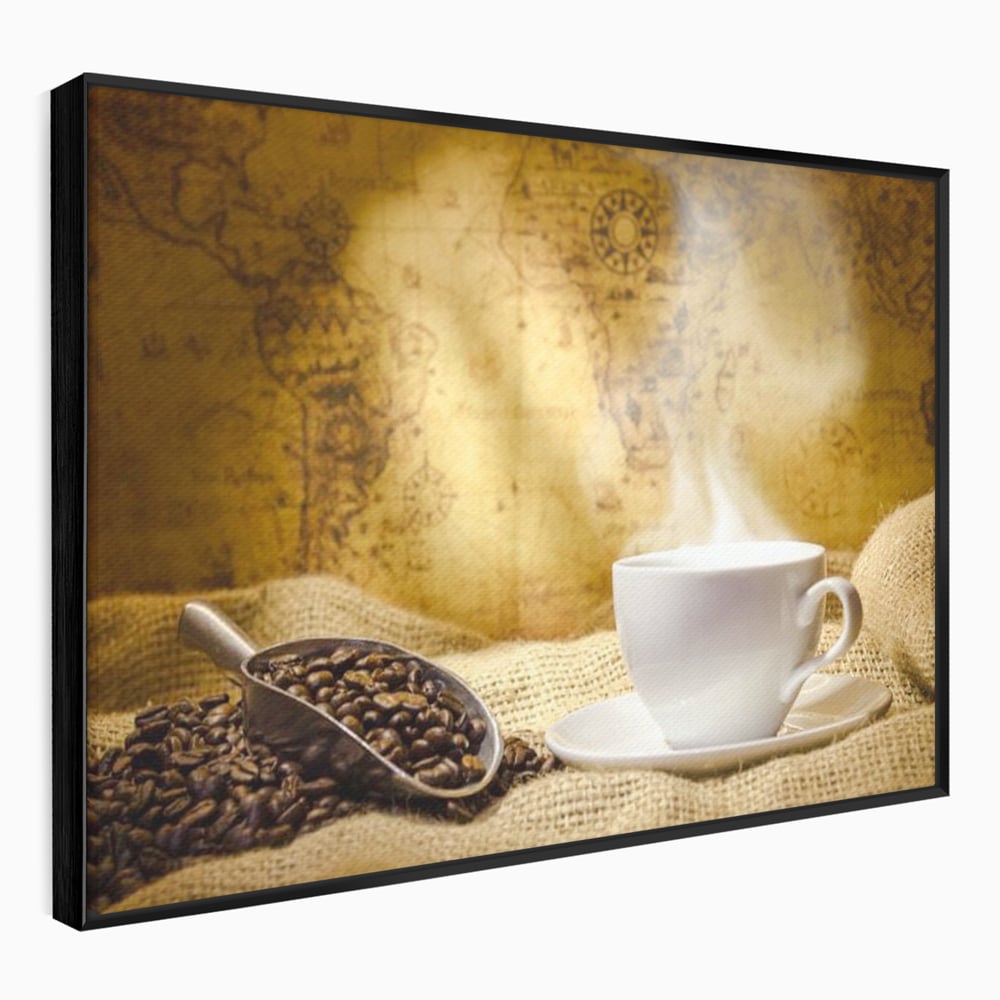 Tablou Canvas Premium, LuxCanva® N1079, Lumea Cafelei, Harta Lumii, Ceasca, Cafea, Espresso, Aburi, Fierbinte, Proaspat, Boabe, Vintage, Cafenea, Pub, Bar, Lounge, Restaurant, Bucatarie