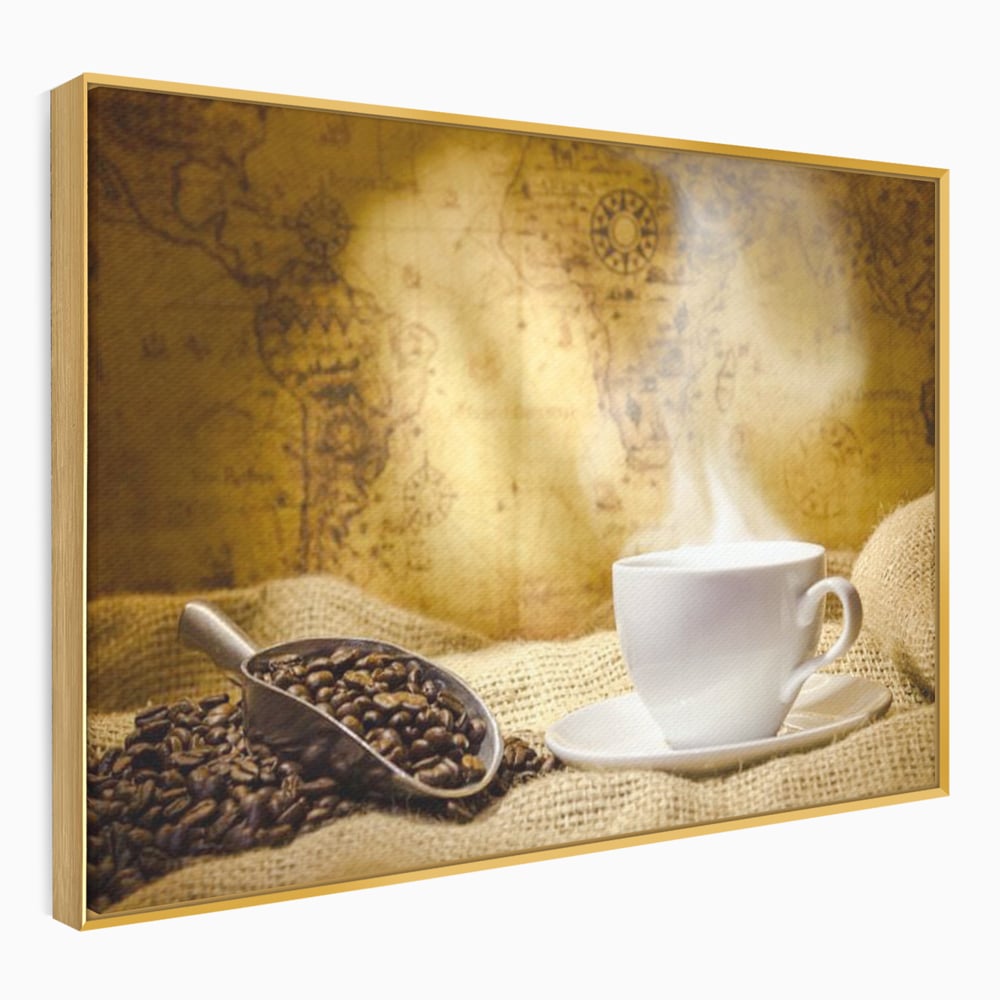 Tablou Canvas Premium, LuxCanva® N1079, Lumea Cafelei, Harta Lumii, Ceasca, Cafea, Espresso, Aburi, Fierbinte, Proaspat, Boabe, Vintage, Cafenea, Pub, Bar, Lounge, Restaurant, Bucatarie