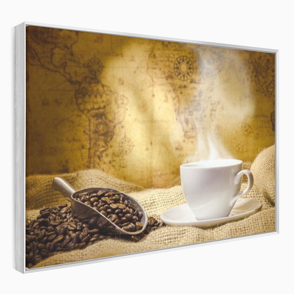 Tablou Canvas Premium, LuxCanva® N1079, Lumea Cafelei, Harta Lumii, Ceasca, Cafea, Espresso, Aburi, Fierbinte, Proaspat, Boabe, Vintage, Cafenea, Pub, Bar, Lounge, Restaurant, Bucatarie