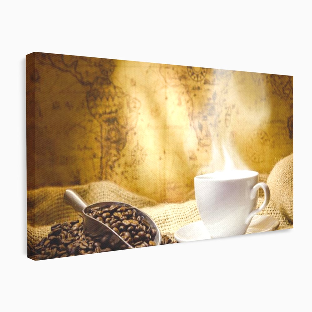 Tablou Canvas Premium, LuxCanva® N1079, Lumea Cafelei, Harta Lumii, Ceasca, Cafea, Espresso, Aburi, Fierbinte, Proaspat, Boabe, Vintage, Cafenea, Pub, Bar, Lounge, Restaurant, Bucatarie