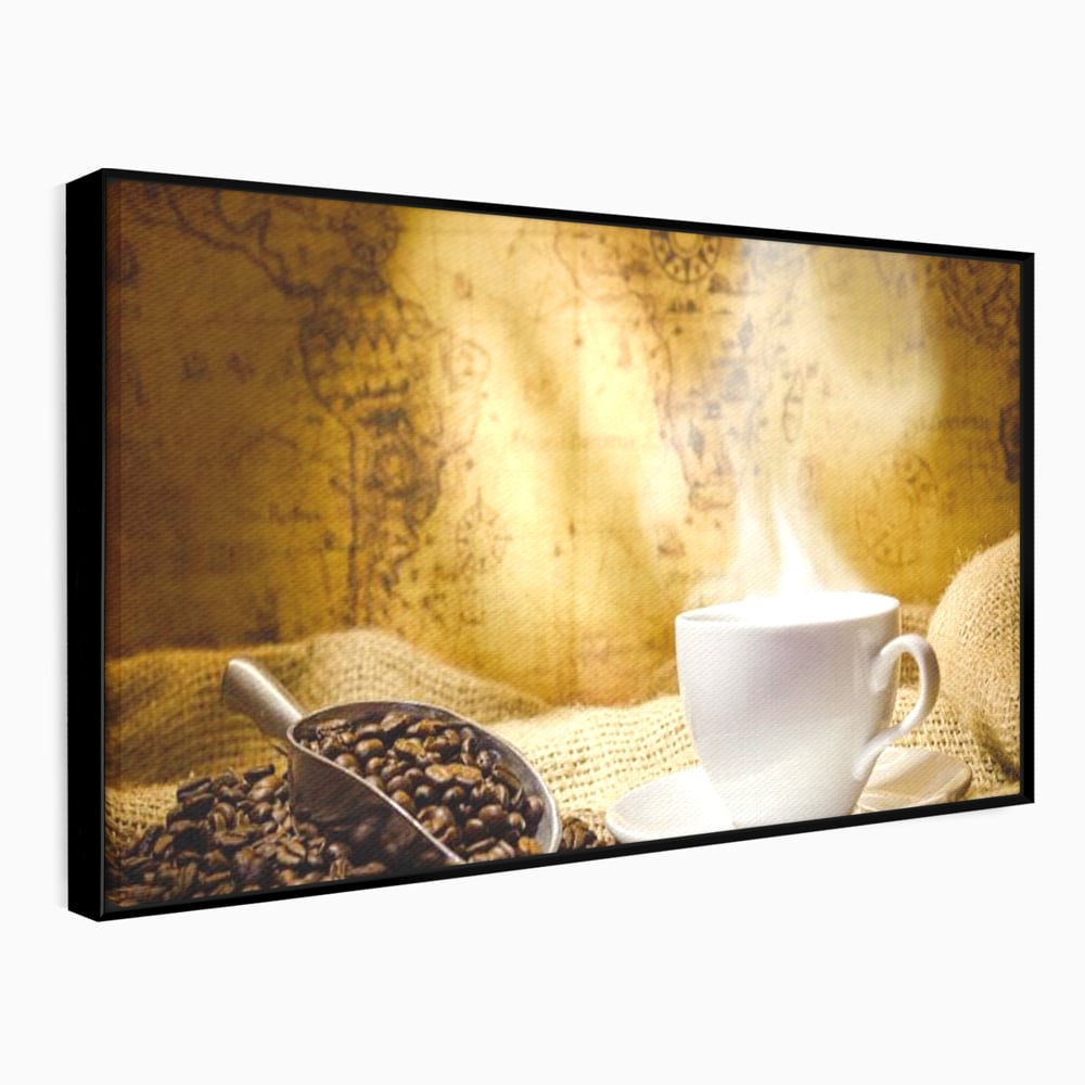 Tablou Canvas Premium, LuxCanva® N1079, Lumea Cafelei, Harta Lumii, Ceasca, Cafea, Espresso, Aburi, Fierbinte, Proaspat, Boabe, Vintage, Cafenea, Pub, Bar, Lounge, Restaurant, Bucatarie