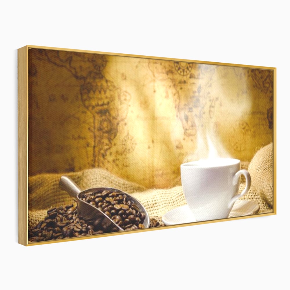 Tablou Canvas Premium, LuxCanva® N1079, Lumea Cafelei, Harta Lumii, Ceasca, Cafea, Espresso, Aburi, Fierbinte, Proaspat, Boabe, Vintage, Cafenea, Pub, Bar, Lounge, Restaurant, Bucatarie