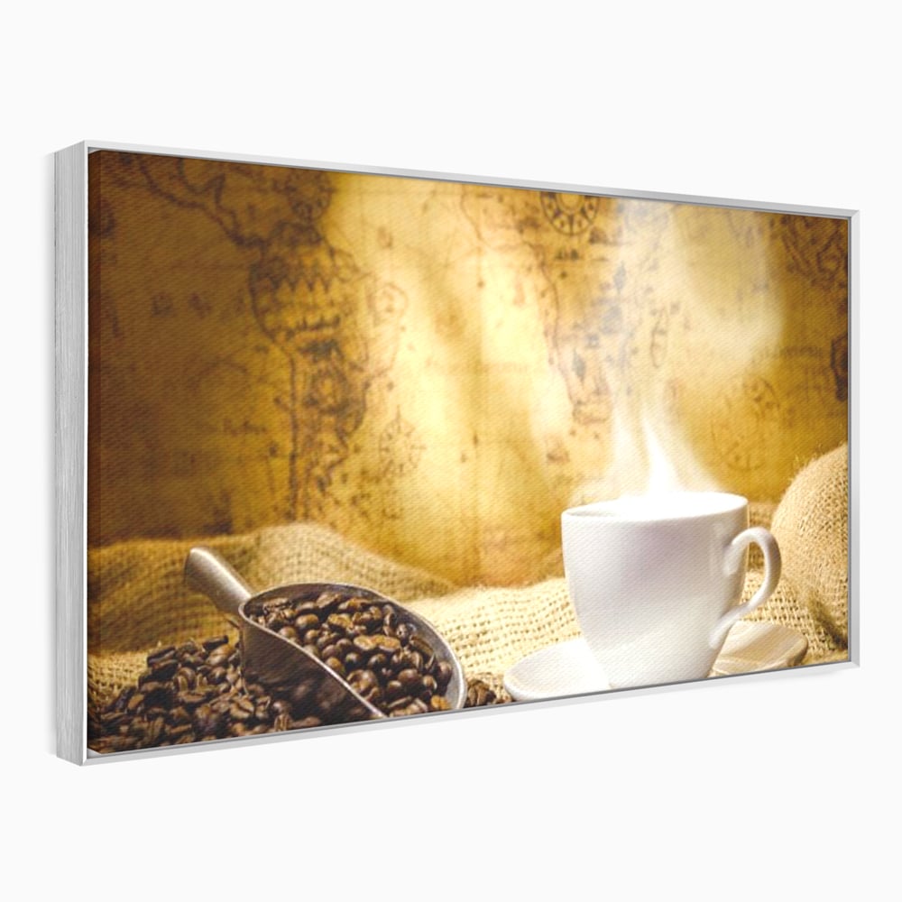 Tablou Canvas Premium, LuxCanva® N1079, Lumea Cafelei, Harta Lumii, Ceasca, Cafea, Espresso, Aburi, Fierbinte, Proaspat, Boabe, Vintage, Cafenea, Pub, Bar, Lounge, Restaurant, Bucatarie