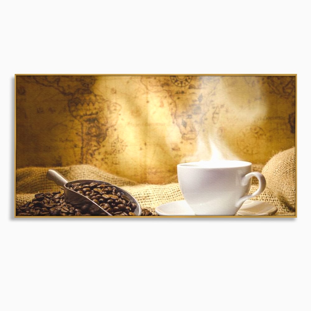 Tablou Canvas Premium, LuxCanva® N1079, Lumea Cafelei, Harta Lumii, Ceasca, Cafea, Espresso, Aburi, Fierbinte, Proaspat, Boabe, Vintage, Cafenea, Pub, Bar, Lounge, Restaurant, Bucatarie